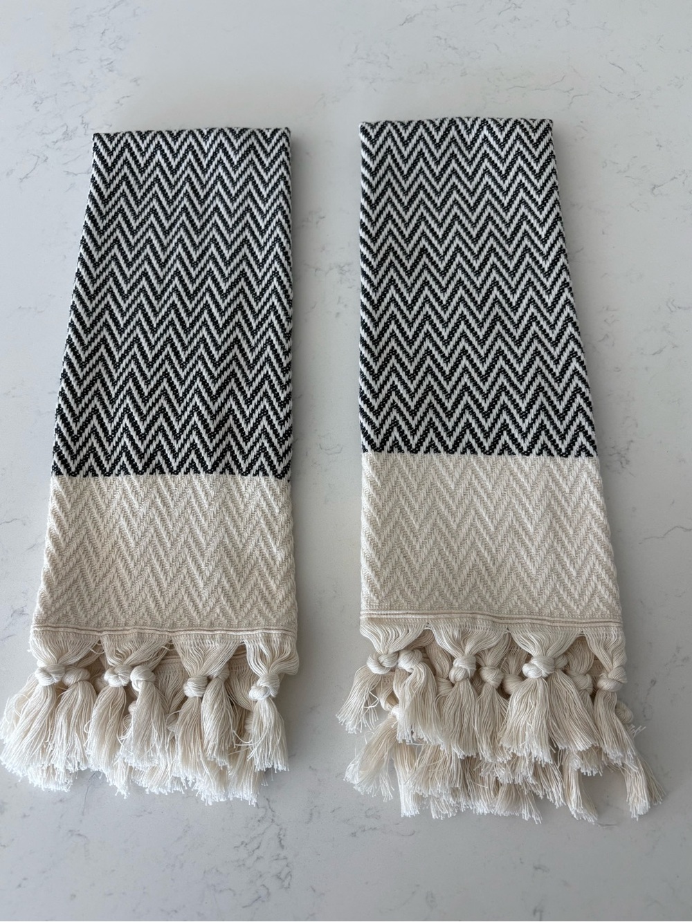 Chevron Fringe Hand Towels in Black and Cream